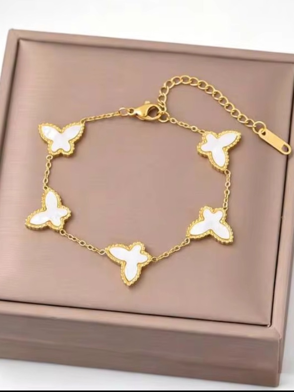 Elegant Stainless Steel Gold Butterfly Bracelet with White Inlay